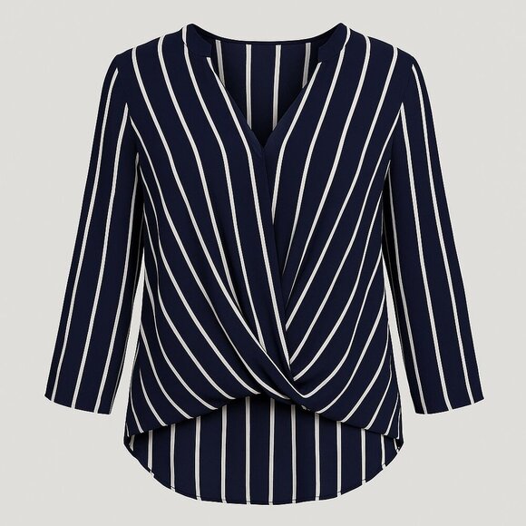 NY Collection Navy & White Stripe Twist-Front Blouse – Size L - Picture 1 of 5